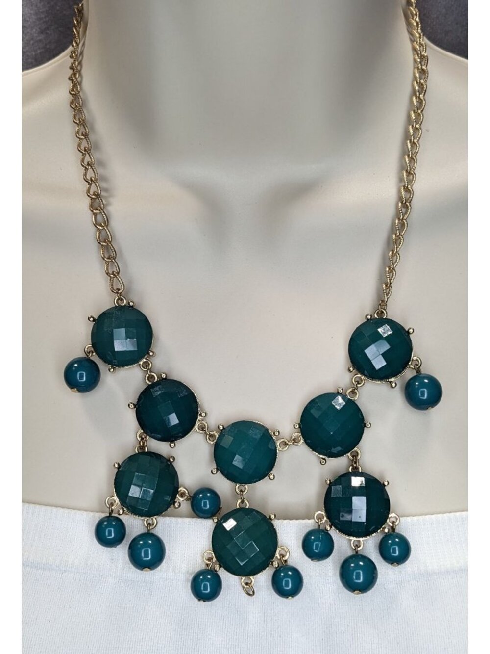 Y2K Glam Statement Teal Green Faceted Bubble Bib Necklace Vintage
